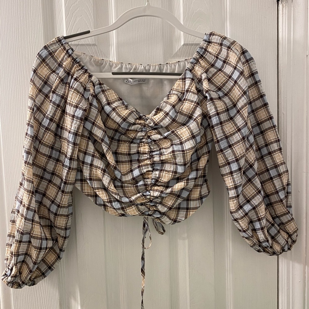 ZARA- Plaid, cropped - light blue & cream